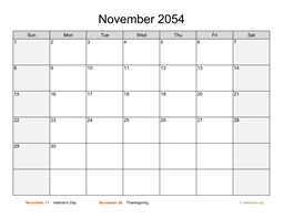 November 2054 Calendar with Weekend Shaded