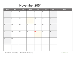 November 2054 Calendar with Notes