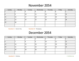 November and December 2054 Calendar