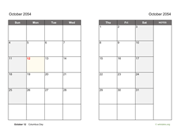 October 2054 Calendar on two pages