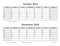 October and November 2054 Calendar