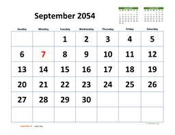 September 2054 Calendar with Extra-large Dates
