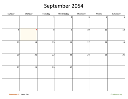 September 2054 Calendar with Bigger boxes