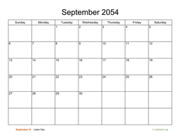 Basic Calendar for September 2054