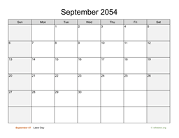 September 2054 Calendar with Weekend Shaded