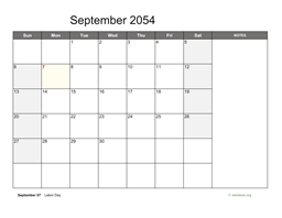 September 2054 Calendar with Notes