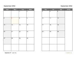 September 2054 Calendar on two pages