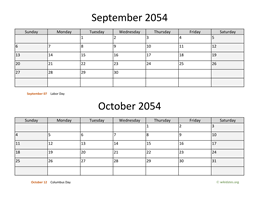 September and October 2054 Calendar