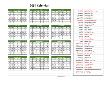 2054 Calendar with US Holidays