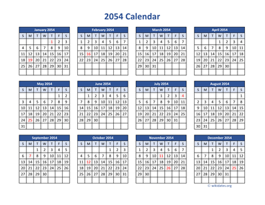 2054 Calendar in PDF