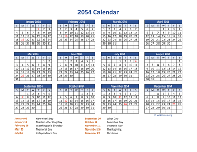 PDF Calendar 2054 with Federal Holidays