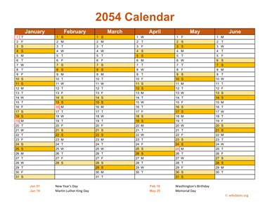 2054 Calendar on 2 Pages, Landscape Orientation