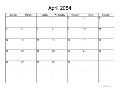 Basic Calendar for April 2054