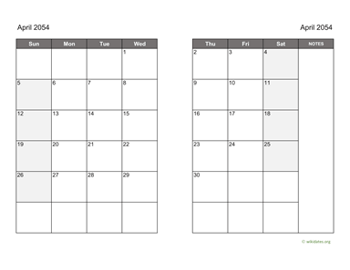 April 2054 Calendar on two pages