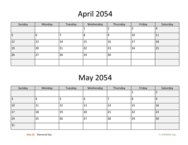 April and May 2054 Calendar Horizontal
