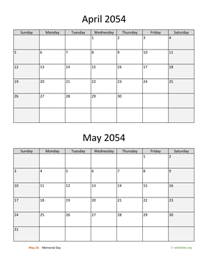 April and May 2054 Calendar Vertical