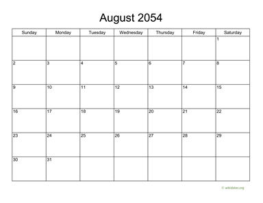 Basic Calendar for August 2054