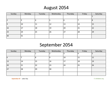 August and September 2054 Calendar Horizontal