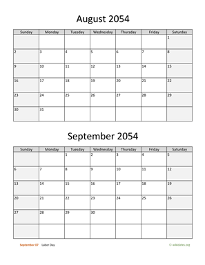August and September 2054 Calendar Vertical