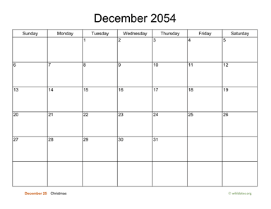 Basic Calendar for December 2054
