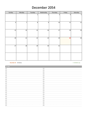December 2054 Calendar with To-Do List