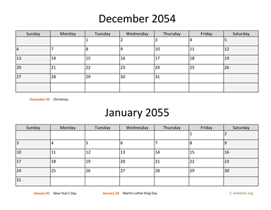 December 2054 and January 2055 Calendar Horizontal