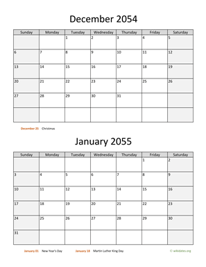 December 2054 and January 2055 Calendar Vertical