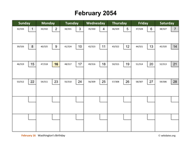 February 2054 Calendar with Day Numbers