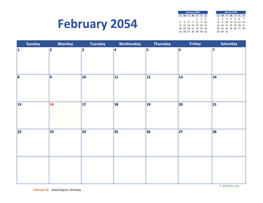 February 2054 Calendar Classic