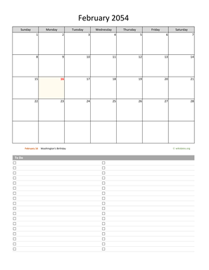 February 2054 Calendar with To-Do List