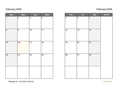 February 2054 Calendar on two pages