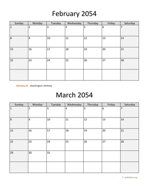 February and March 2054 Calendar Vertical