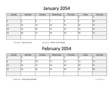 January and February 2054 Calendar Horizontal