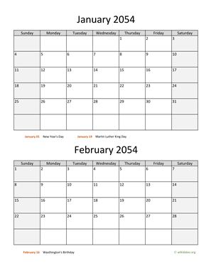 January and February 2054 Calendar Vertical
