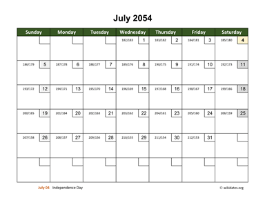 July 2054 Calendar with Day Numbers