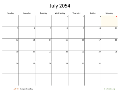 July 2054 Calendar with Bigger boxes