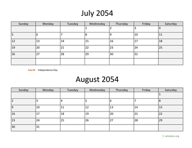 July and August 2054 Calendar Horizontal