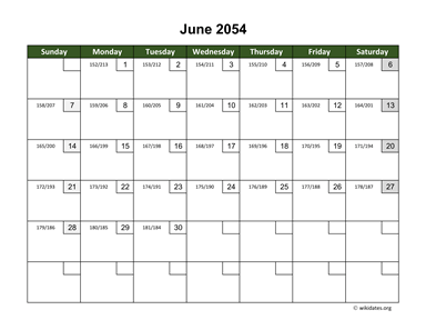 June 2054 Calendar with Day Numbers