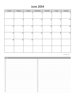 June 2054 Calendar with To-Do List