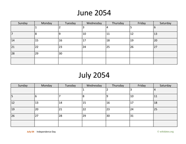 June and July 2054 Calendar Horizontal