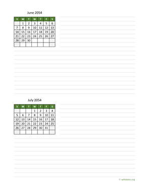 June and July 2054 Calendar with Notes