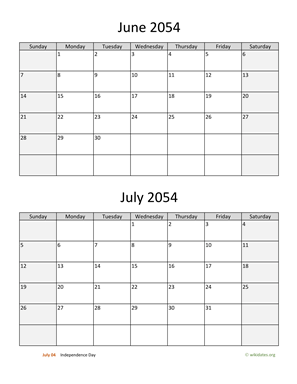 June and July 2054 Calendar Vertical