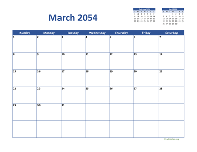 March 2054 Calendar Classic