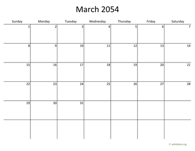 March 2054 Calendar with Bigger boxes