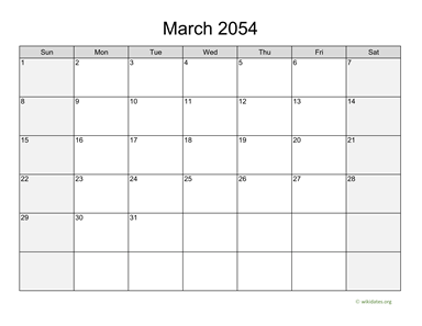 March 2054 Calendar with Weekend Shaded