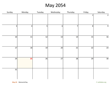 May 2054 Calendar with Bigger boxes