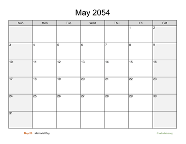 May 2054 Calendar with Weekend Shaded
