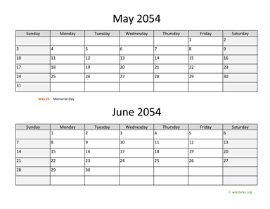 May and June 2054 Calendar Horizontal