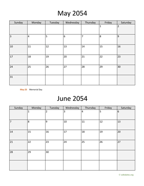 May and June 2054 Calendar Vertical