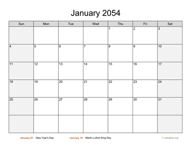 Monthly 2054 Calendar with Weekend Shaded